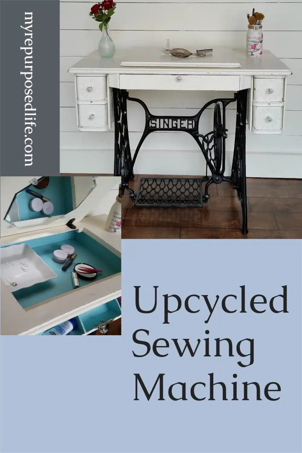 How to repurpose a singer sewing machine into a desk, table or makeup vanity. Lots of storage, very versatile piece of furniture for your home. #MyRepurposedLife #repurposed #furniture #singer #sewingmachine #makeover #upcycle via @repurposedlife