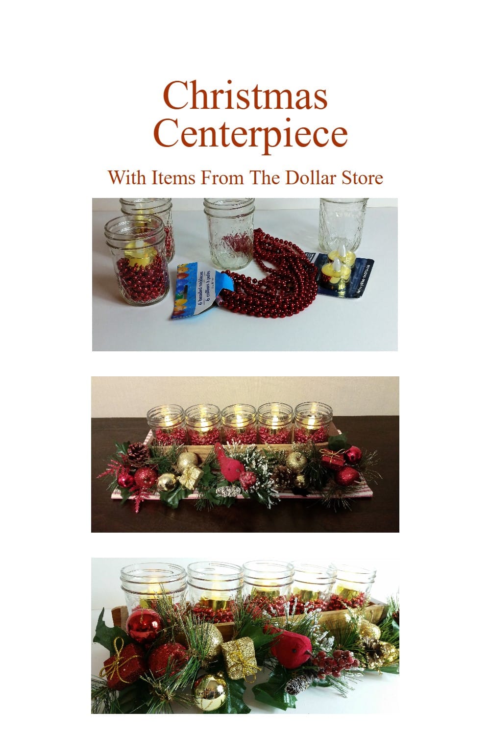 How to make a jelly jar centerpiece for the holidays using a small drawer and items from the dollar store. Easy project to do for the holidays. #MyRepurposedLife #upcycle #christmas #easy #decor via @repurposedlife