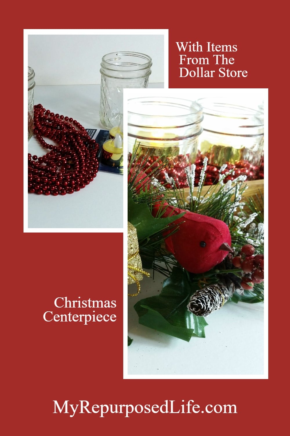 How to make a jelly jar centerpiece for the holidays using a small drawer and items from the dollar store. Easy project to do for the holidays. #MyRepurposedLife #upcycle #christmas #easy #decor via @repurposedlife
