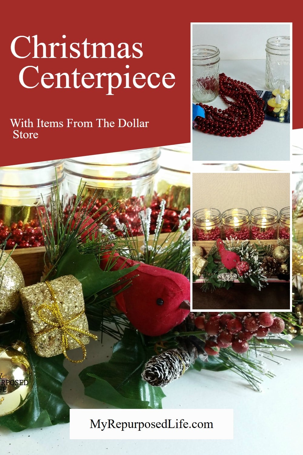 How to make a jelly jar centerpiece for the holidays using a small drawer and items from the dollar store. Easy project to do for the holidays. #MyRepurposedLife #upcycle #christmas #easy #decor via @repurposedlife
