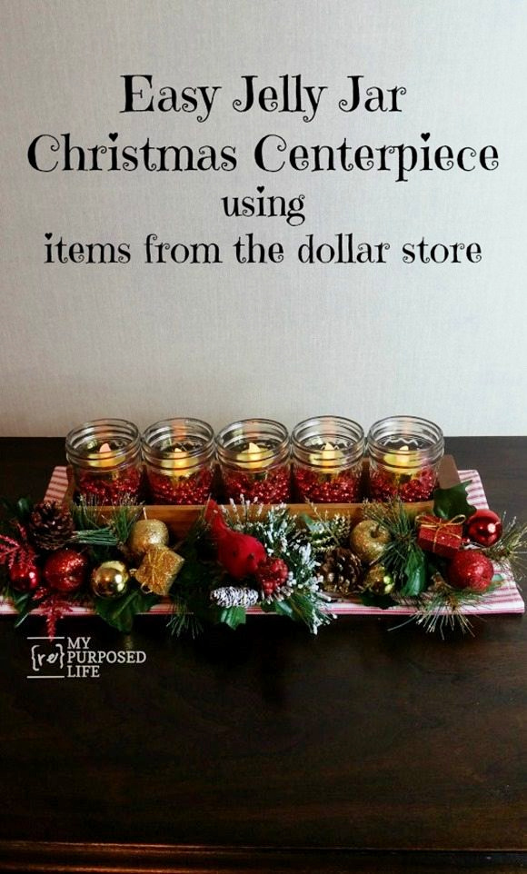 How to make a jelly jar centerpiece for the holidays using a small drawer and items from the dollar store. Easy project to do for the holidays. #MyRepurposedLife #upcycle #christmas #easy #decor via @repurposedlife