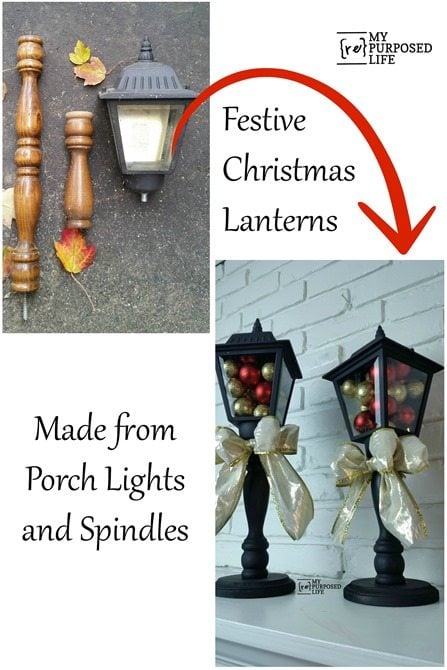 how to make festive Christmas Lanterns out of porch lights and spindles MyRepurposedLife.com