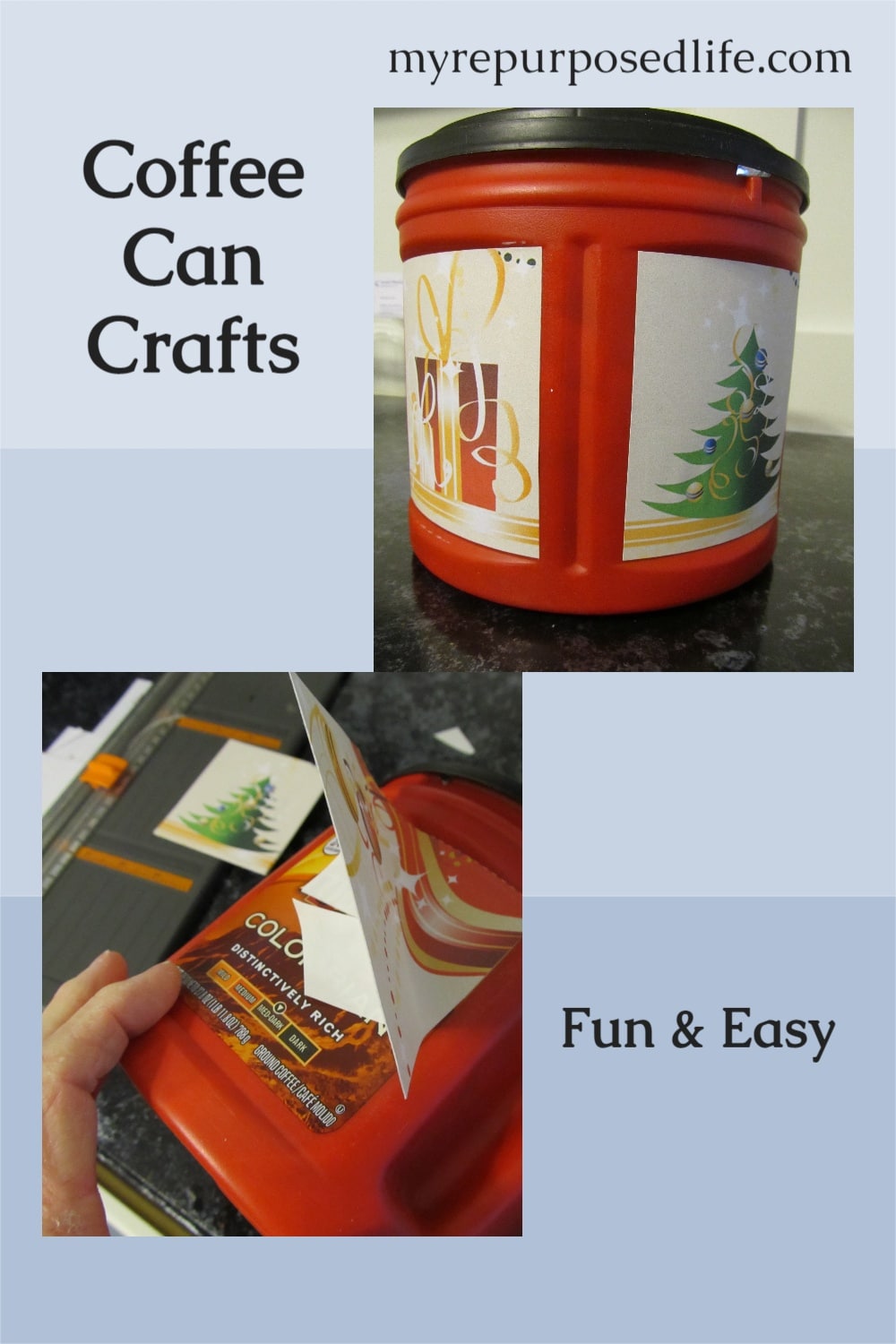 Use a plastic coffee container to organize small items such as toys. These repurposed coffee cans are also great for snacks and holiday items. Free printable! #Christmas #fall #spring #easter #printable #storage #container via @repurposedlife