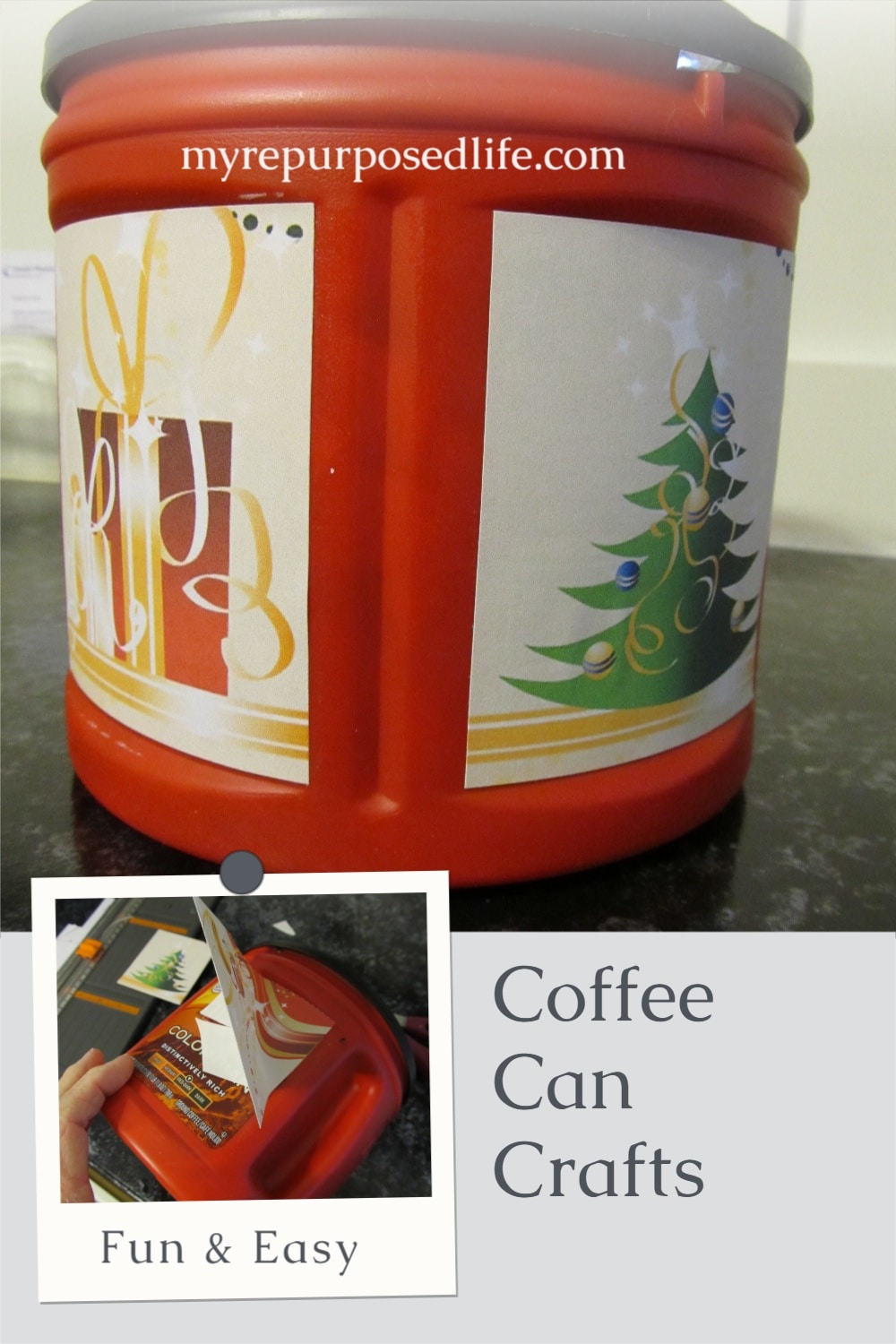 Use a plastic coffee container to organize small items such as toys. These repurposed coffee cans are also great for snacks and holiday items. Free printable! #Christmas #fall #spring #easter #printable #storage #container via @repurposedlife