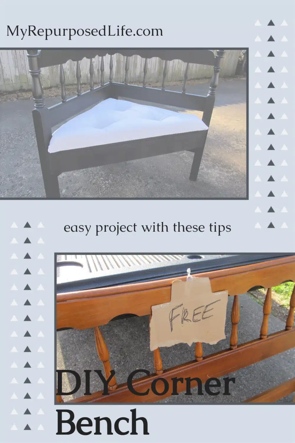 How to make a headboard corner bench using a full sized headboard. A corner bench made from a headboard is easier than it sounds, fits nicely in your home. #MyRepurposedLife #upcyle #headboard via @repurposedlife