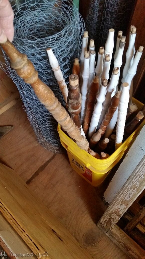 bucket of wooden spindles