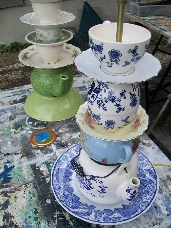 How to drill china such as teacups and saucers to make lamps, dessert plates and more. You will need a diamond bit, a good drill and some patience.  #MyRepurposedLife #repurposed #glassware #drillchina via @repurposedlife