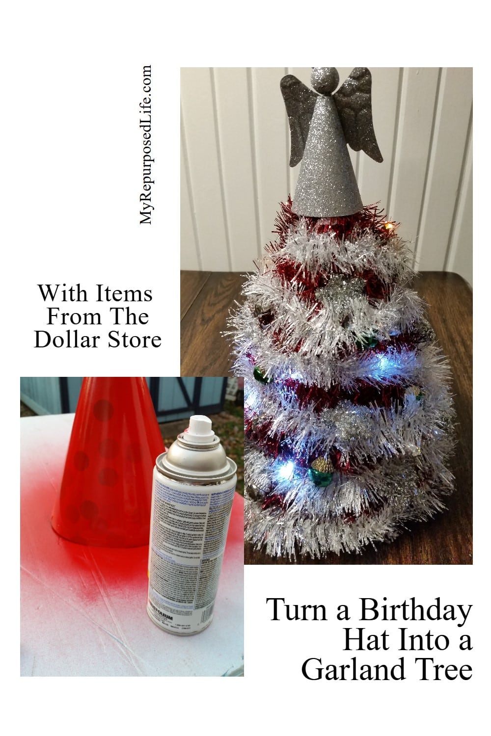 How to make a quick and easy miniature garland Christmas tree with Dollar Store Items. via @repurposedlife