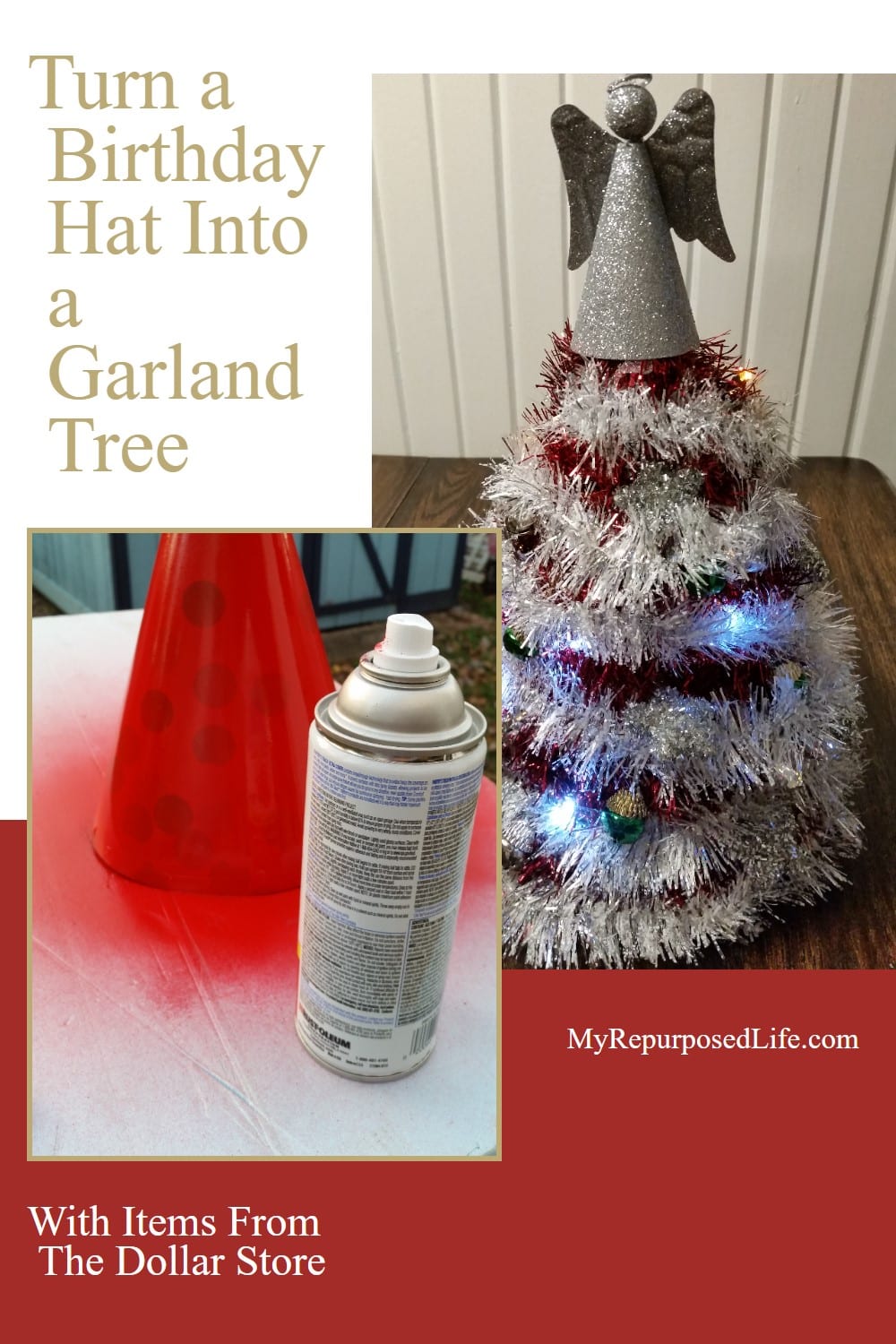 How to make a quick and easy miniature garland Christmas tree with Dollar Store Items. via @repurposedlife