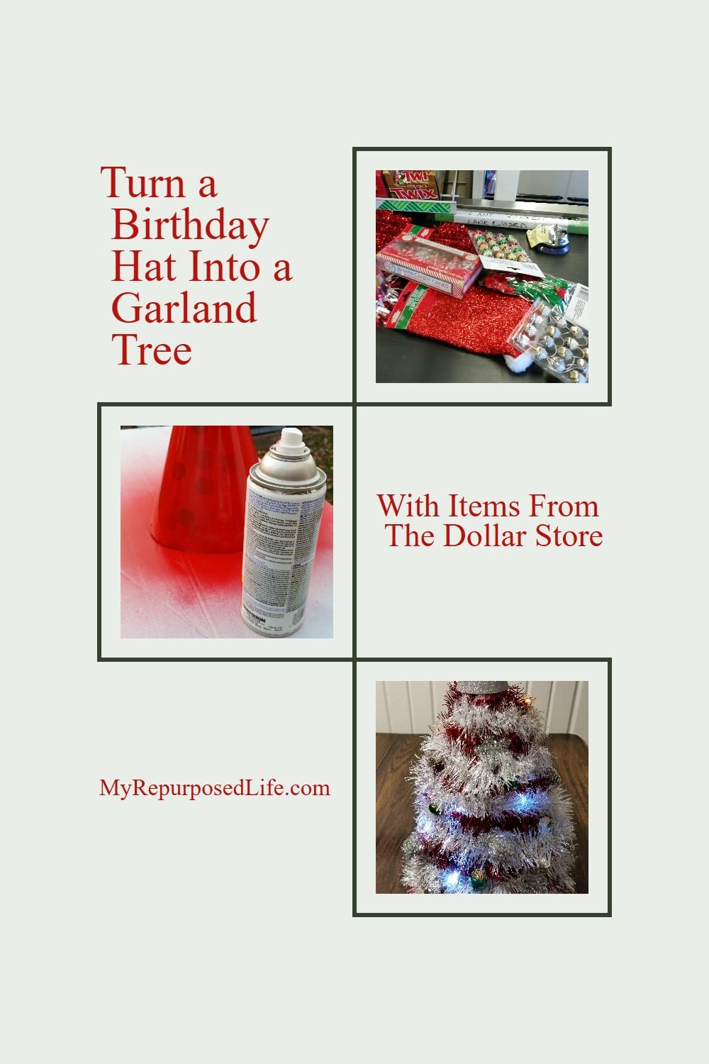 How to make a quick and easy miniature garland Christmas tree with Dollar Store Items. via @repurposedlife