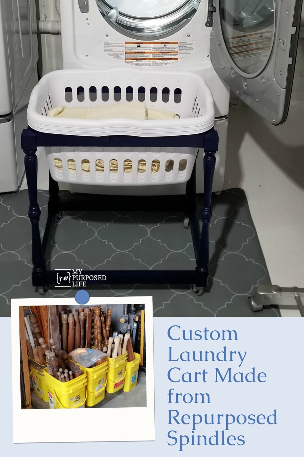 Do you drop laundry on the floor when using your front loader? I looked for a solution, but couldn't find one. So I used spindles to make a DIY laundry cart for my basement laundry area. #MyRepurposedLife #repurposed #spindles #laundry #cart via @repurposedlife