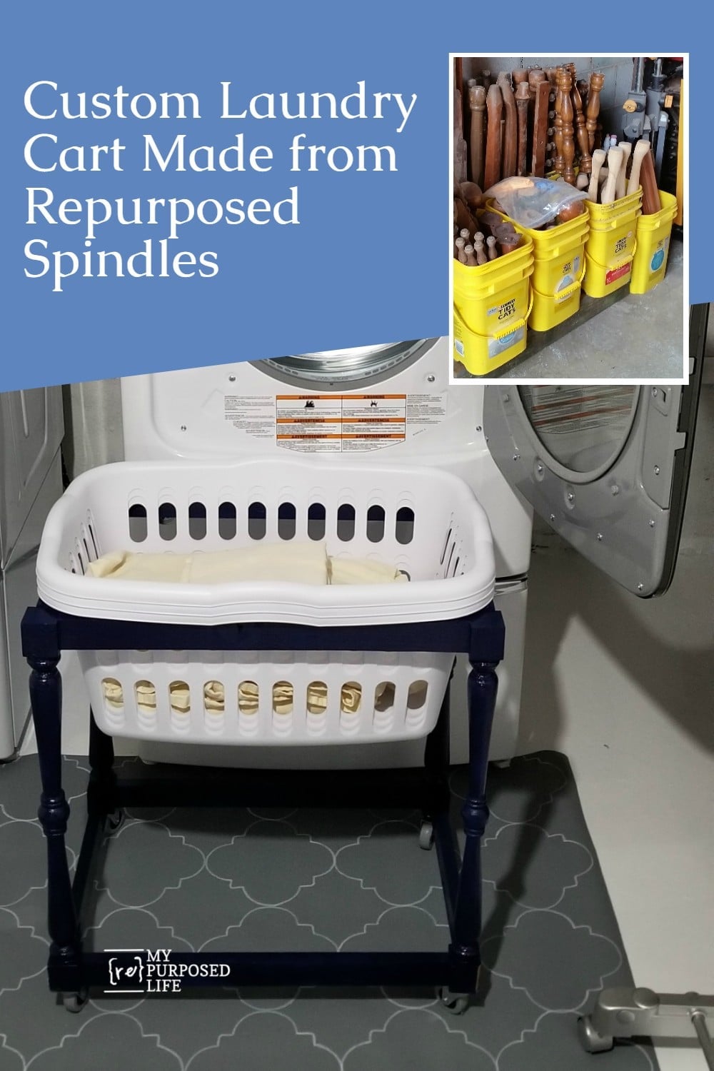 Do you drop laundry on the floor when using your front loader? I looked for a solution, but couldn't find one. So I used spindles to make a DIY laundry cart for my basement laundry area. #MyRepurposedLife #repurposed #spindles #laundry #cart via @repurposedlife