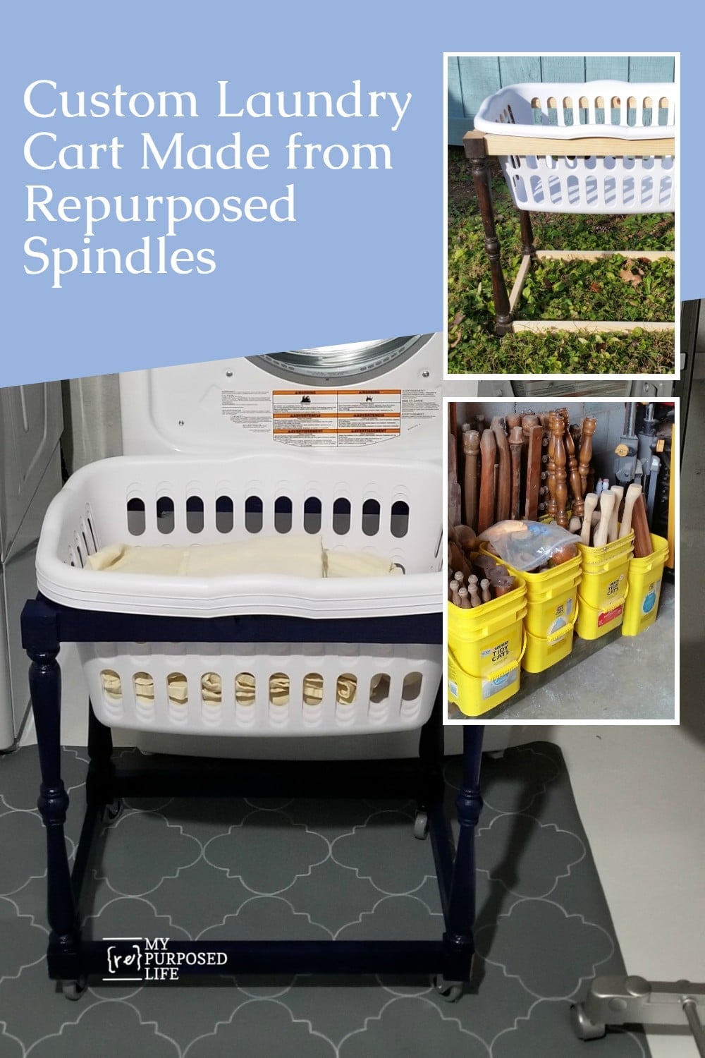 Do you drop laundry on the floor when using your front loader? I looked for a solution, but couldn't find one. So I used spindles to make a DIY laundry cart for my basement laundry area. #MyRepurposedLife #repurposed #spindles #laundry #cart via @repurposedlife