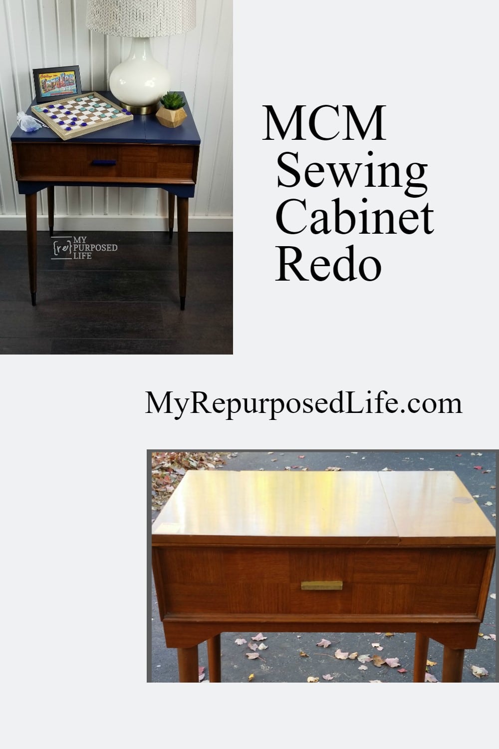 You will love this mid century modern sewing cabinet makeover. Leaving the wood tones with the navy blue paint makes this project glisten! You can DIY it! #MyRepurposedLife #repurposed #sewingcabinet #makeover #mcm #midcenturymodern #furniture via @repurposedlife