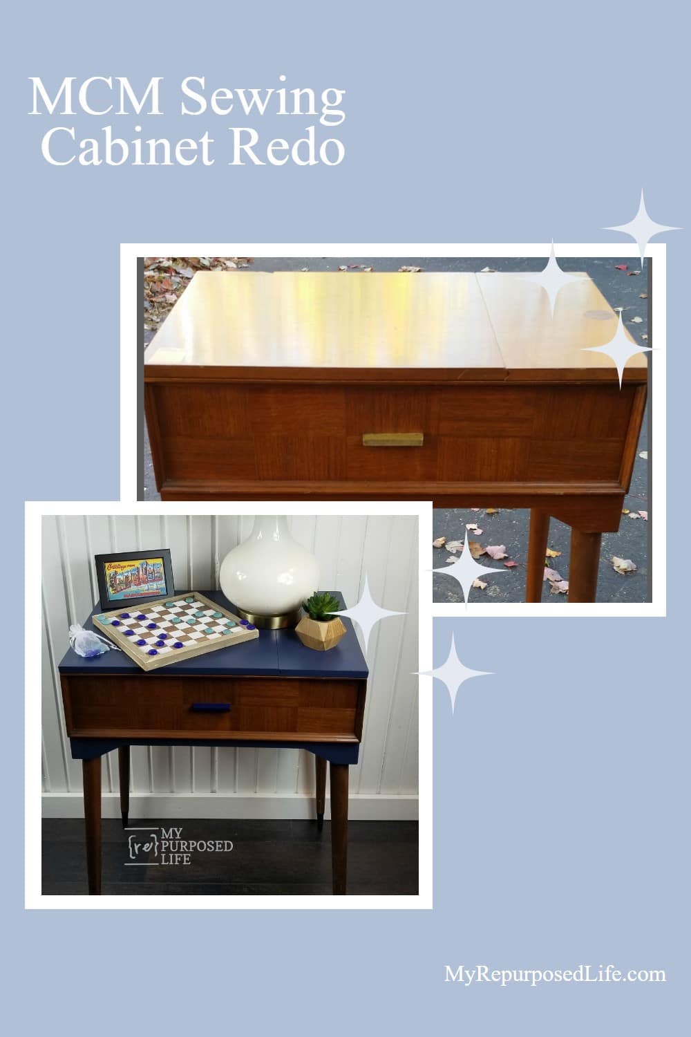You will love this mid century modern sewing cabinet makeover. Leaving the wood tones with the navy blue paint makes this project glisten! You can DIY it! #MyRepurposedLife #repurposed #sewingcabinet #makeover #mcm #midcenturymodern #furniture via @repurposedlife