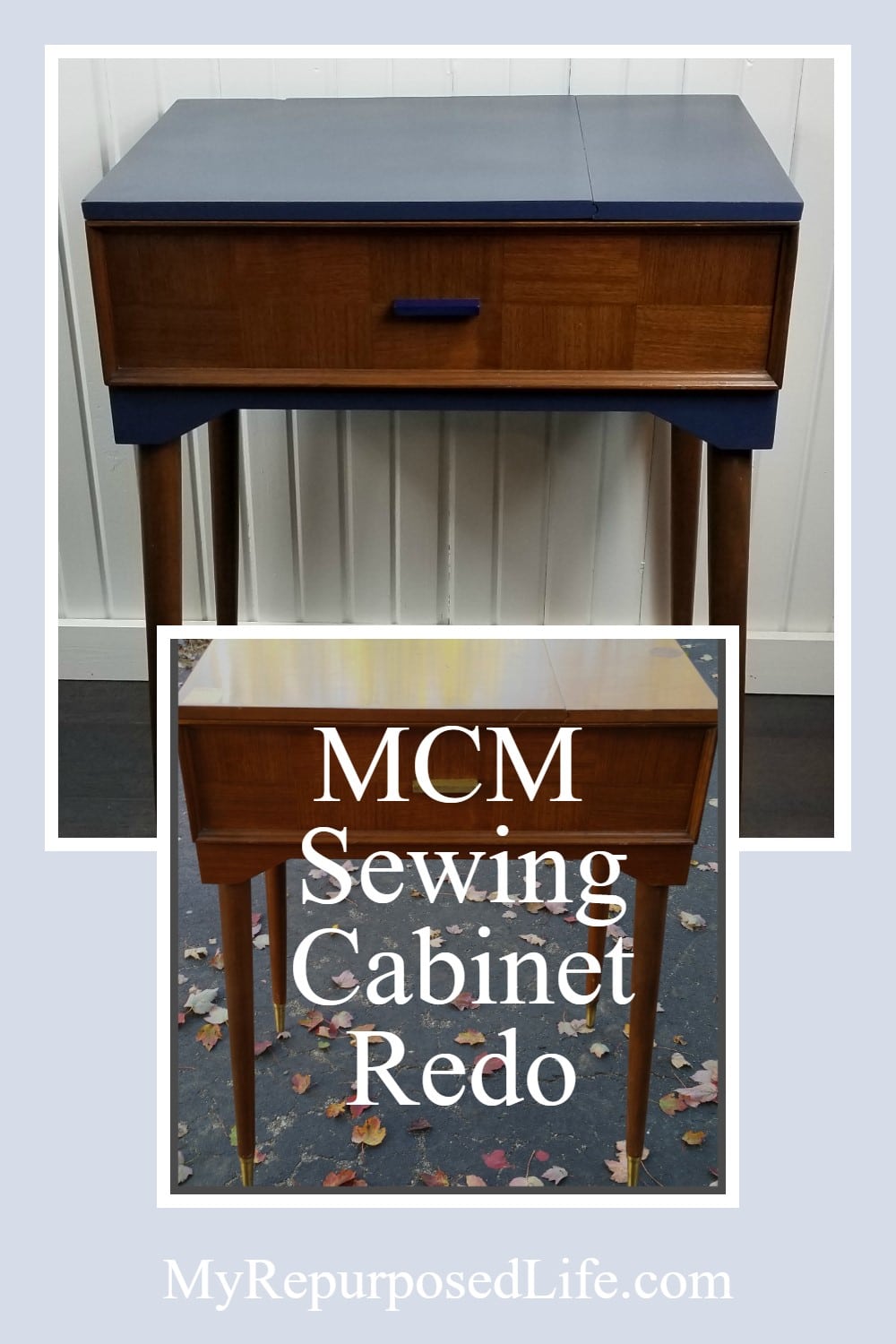 You will love this mid century modern sewing cabinet makeover. Leaving the wood tones with the navy blue paint makes this project glisten! You can DIY it! #MyRepurposedLife #repurposed #sewingcabinet #makeover #mcm #midcenturymodern #furniture via @repurposedlife