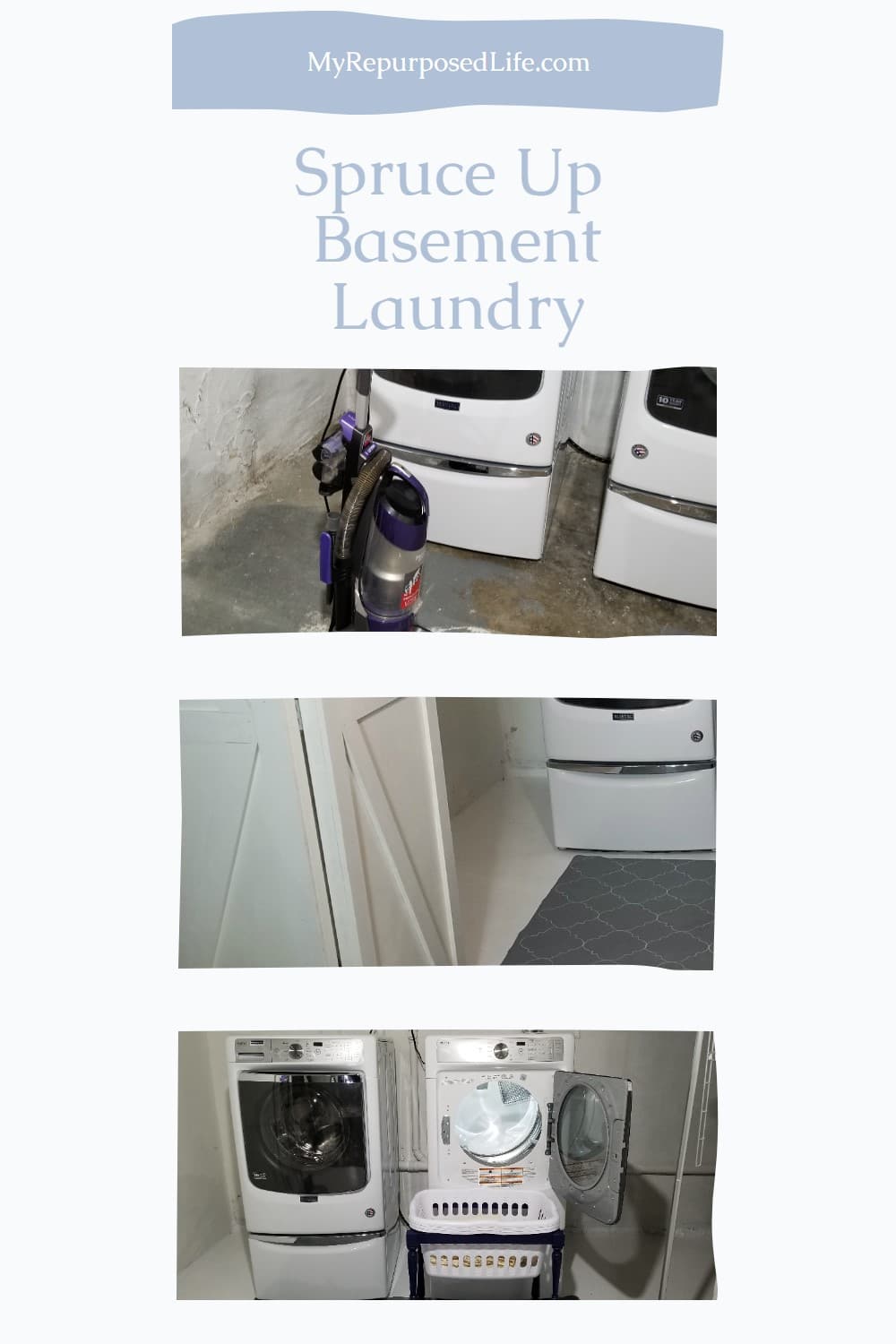 How to spruce up a drab basement laundry space with paint and more. Add a stenciled rug, laundry cart and an option for hiding a sump pump. via @repurposedlife