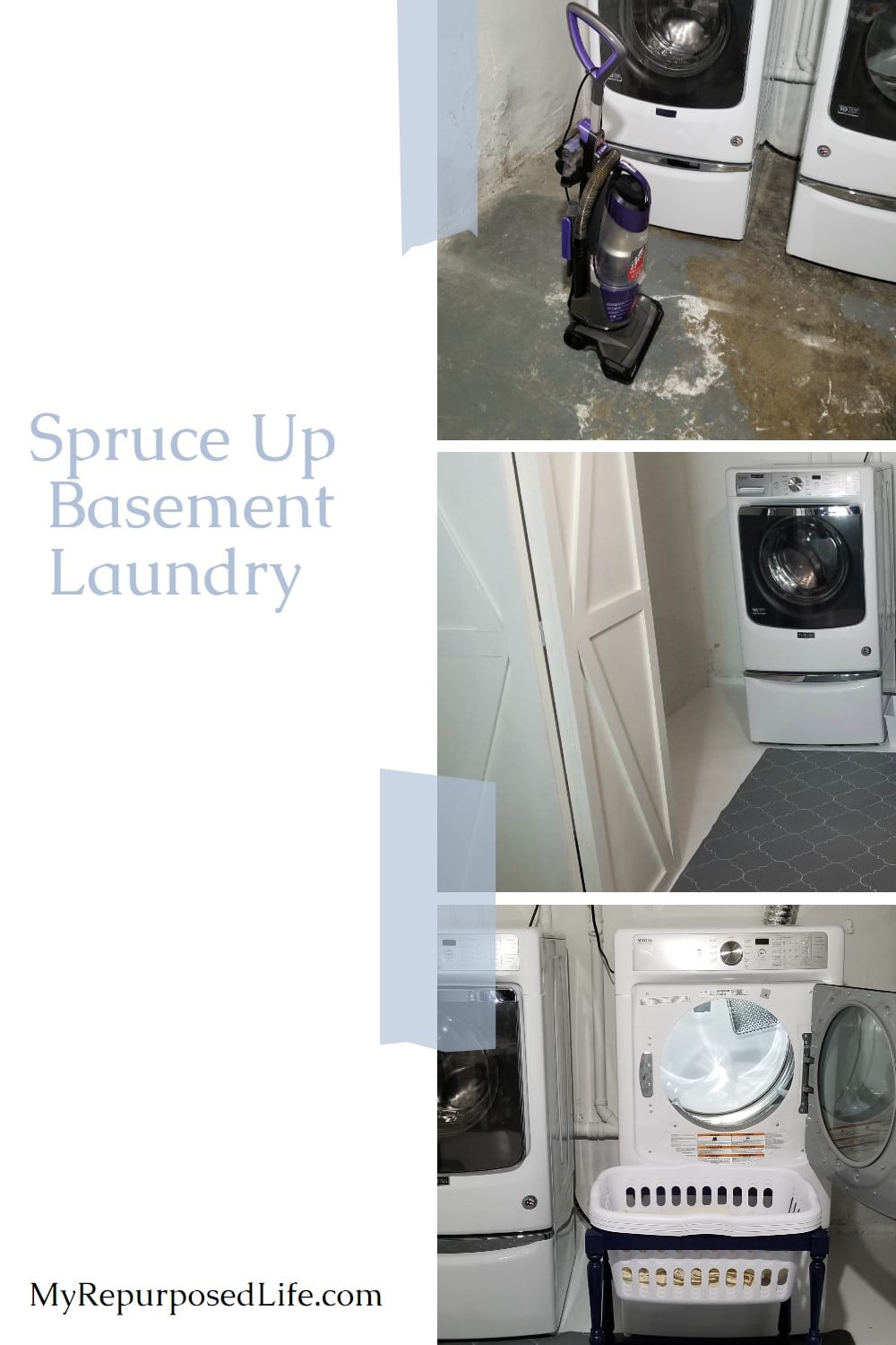 How to spruce up a drab basement laundry space with paint and more. Add a stenciled rug, laundry cart and an option for hiding a sump pump. via @repurposedlife