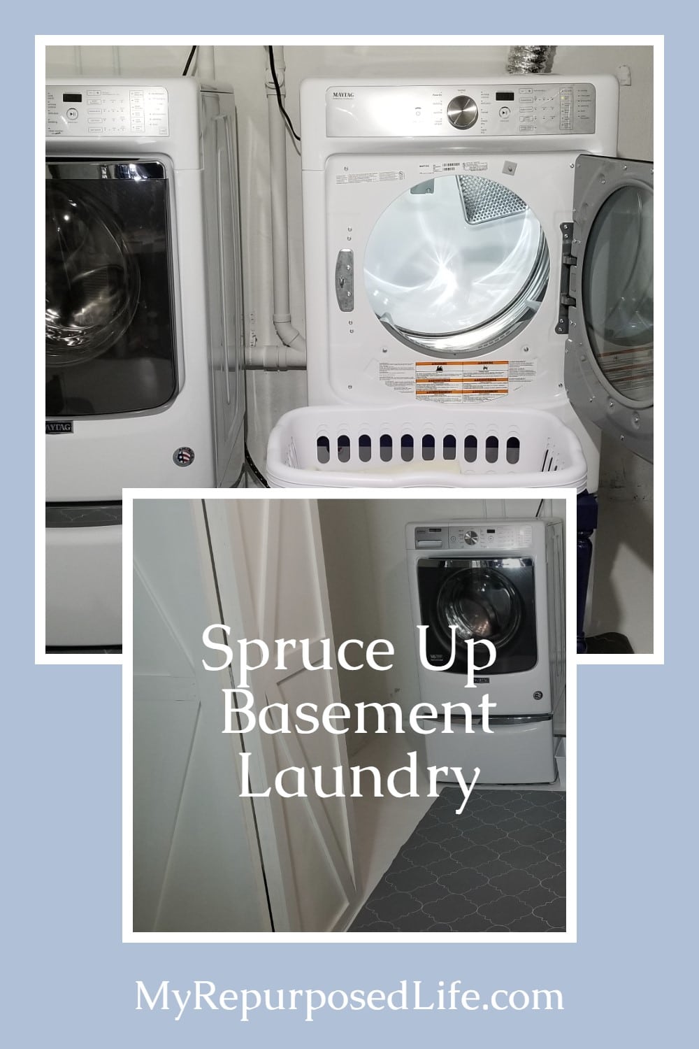 How to spruce up a drab basement laundry space with paint and more. Add a stenciled rug, laundry cart and an option for hiding a sump pump. via @repurposedlife