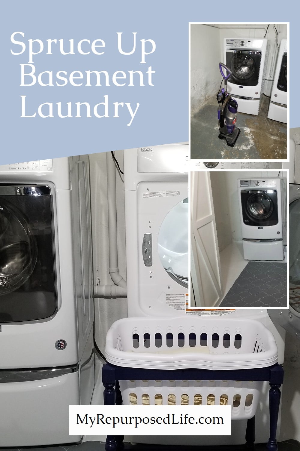 How to spruce up a drab basement laundry space with paint and more. Add a stenciled rug, laundry cart and an option for hiding a sump pump. via @repurposedlife