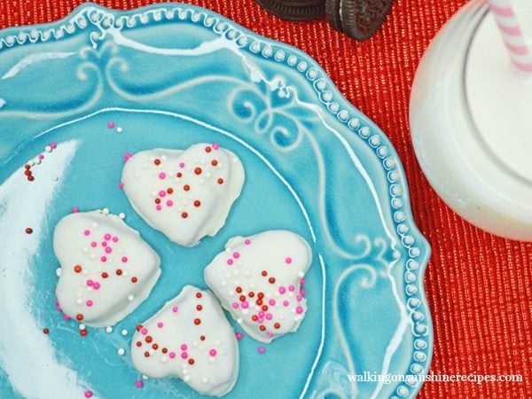 Valentine's Heart Shaped Oreo Truffles on blue plate FEATURED photo from Walking on Sunshine Recipes