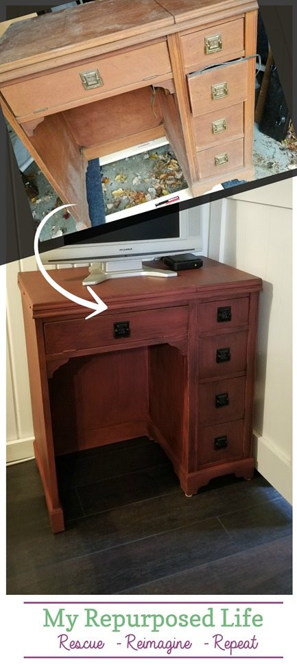 before and after red glazed vintage sewing desk as storage for the kitchen MyRepurposedLife.com before and after red glazed vintage sewing desk as storage for the kitchen MyRepurposedLife.com