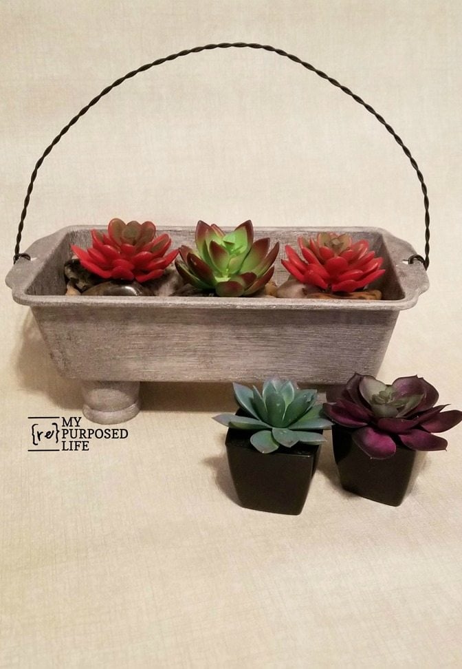 succulent planter made with loaf pan and twisted wire handle MyRepurposedLife.com