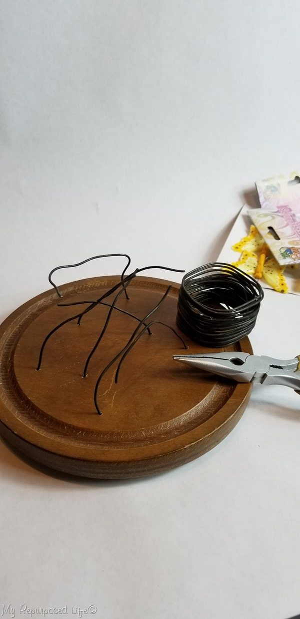 cut wire insert into wooden cheese tray base
