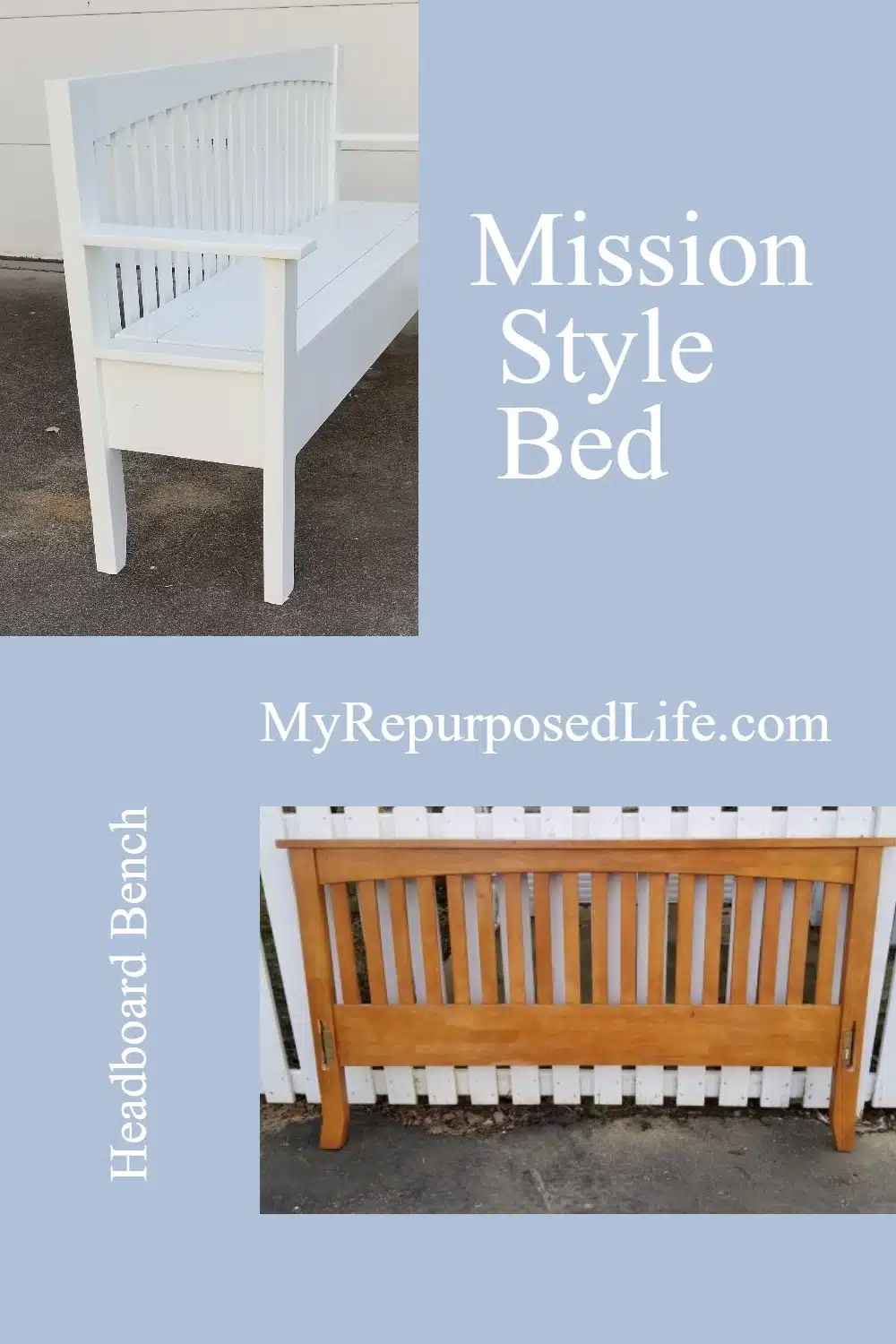 How to make a mission style headboard bench from a free roadside find. This bench designed itself because the foot board was missing. #MyRepurposedLife #repurposed #headboard #bench #tutorial #diy via @repurposedlife