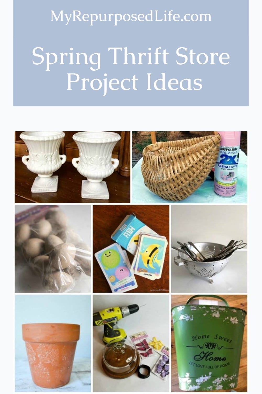 Spring Project ideas using thrift store items! Maybe you have some of these items at home already. Easy outdoor projects. Easy Home Decor projects to DIY. #MyRepurposedLife via @repurposedlife