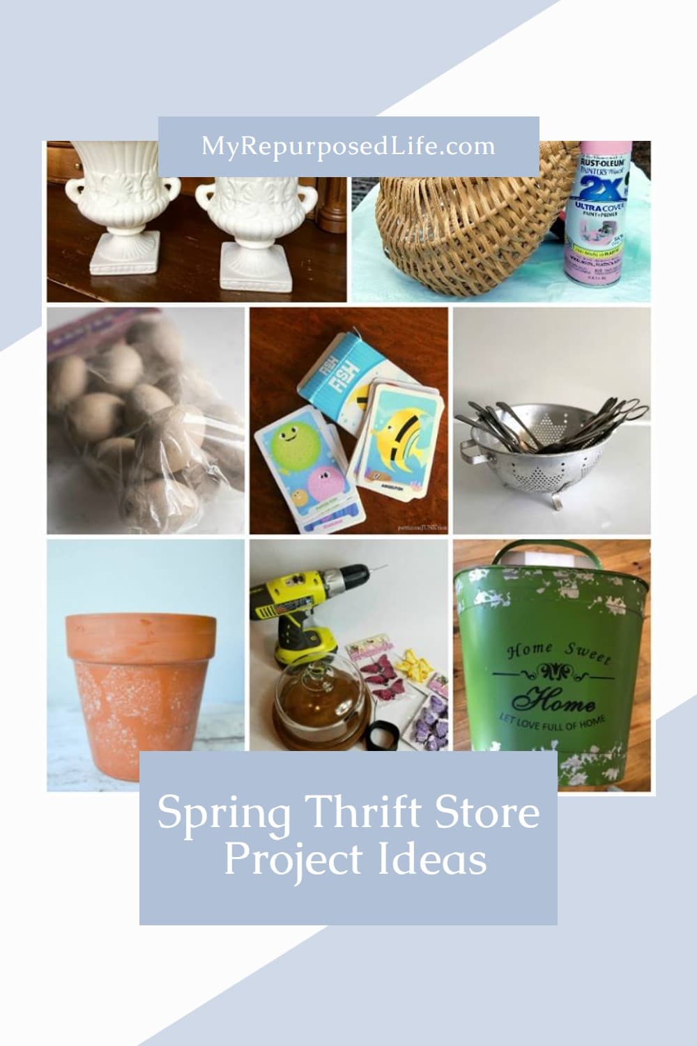 Spring Project ideas using thrift store items! Maybe you have some of these items at home already. Easy outdoor projects. Easy Home Decor projects to DIY. #MyRepurposedLife via @repurposedlife