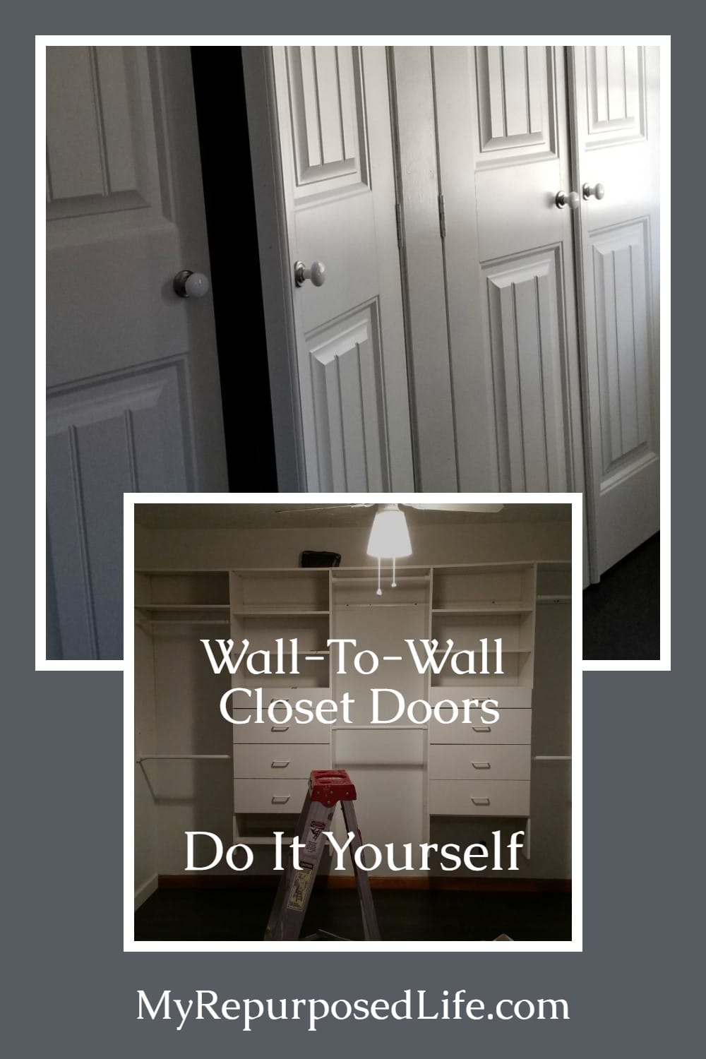 How to frame in a wall to wall closet in the master bedroom. You need 2x4's, plywood, a little math knowledge and a whole lot of patience. A wall to wall closet is definitely something you can do yourself and this picture tutorial will show you how. Bonus: Paint french doors in about a minute each. #MyRepurposedLife #closetmakeover #diy #bedroom via @repurposedlife