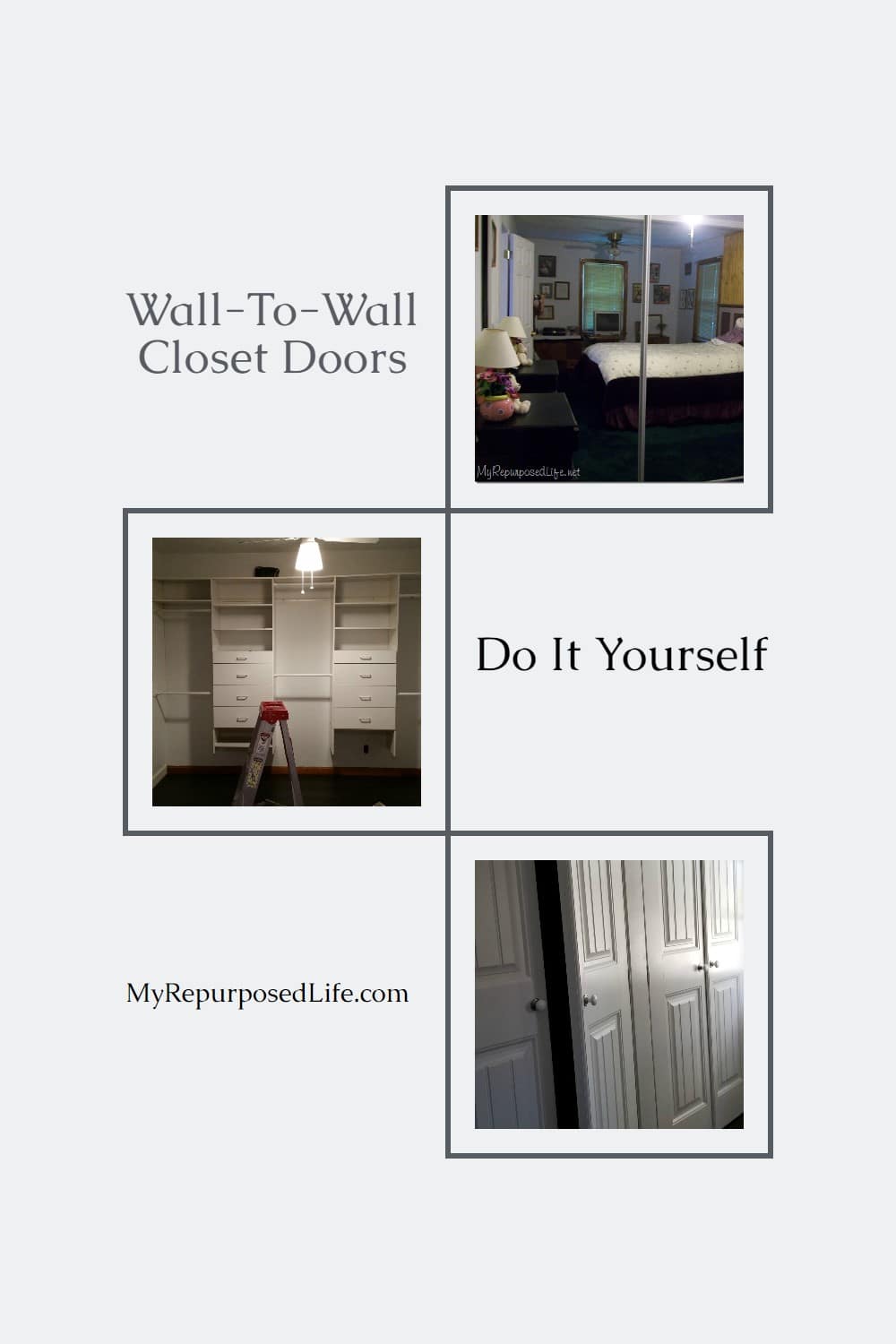 How to frame in a wall to wall closet in the master bedroom. You need 2x4's, plywood, a little math knowledge and a whole lot of patience. A wall to wall closet is definitely something you can do yourself and this picture tutorial will show you how. Bonus: Paint french doors in about a minute each. #MyRepurposedLife #closetmakeover #diy #bedroom via @repurposedlife
