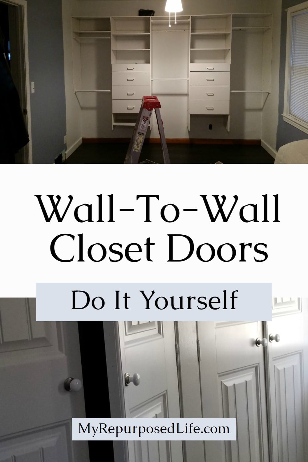 How to frame in a wall to wall closet in the master bedroom. You need 2x4's, plywood, a little math knowledge and a whole lot of patience. A wall to wall closet is definitely something you can do yourself and this picture tutorial will show you how. Bonus: Paint french doors in about a minute each. #MyRepurposedLife #closetmakeover #diy #bedroom via @repurposedlife