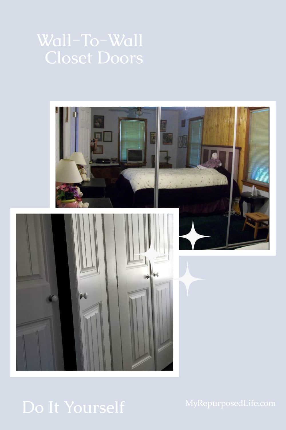 How to frame in a wall to wall closet in the master bedroom. You need 2x4's, plywood, a little math knowledge and a whole lot of patience. A wall to wall closet is definitely something you can do yourself and this picture tutorial will show you how. Bonus: Paint french doors in about a minute each. #MyRepurposedLife #closetmakeover #diy #bedroom via @repurposedlife