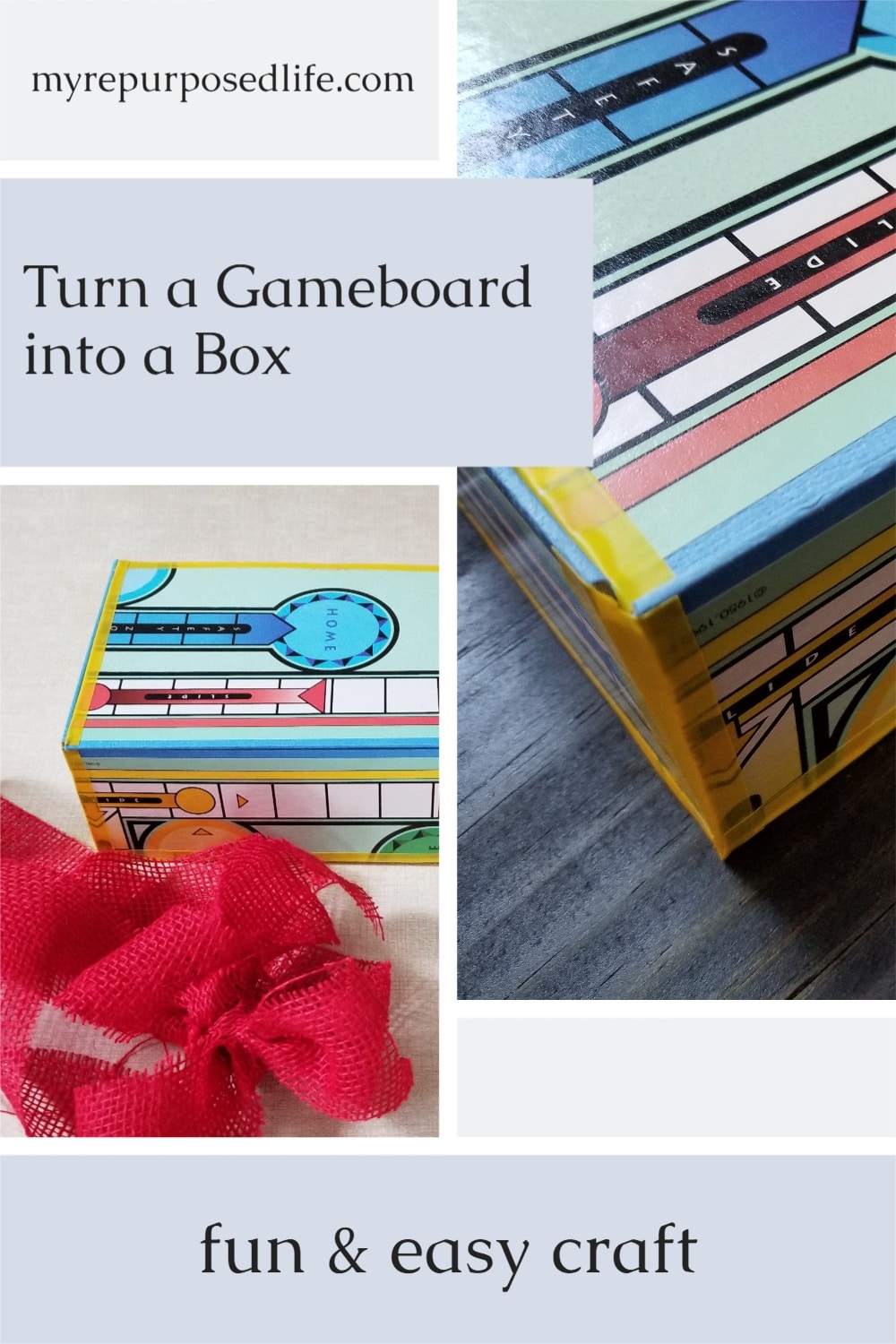 How to make a repurposed Sorry game board box. This small box is perfect for trinkets and treasures. This game board box was used as a colorful gift box for a customized hammer. Make your own game board gift box this weekend. #MyRepurposedLife #repurposed #gameboard #trinket #box via @repurposedlife