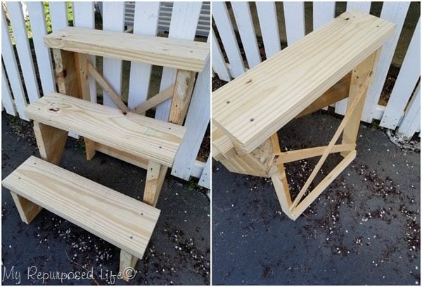 front and back view of reclaimed stair stringer tiered plant stand