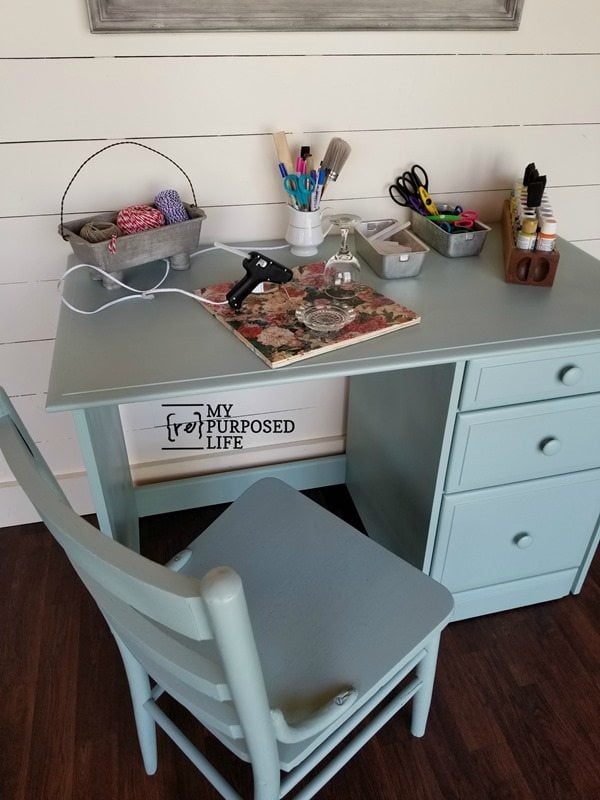 small green craft desk makeover MyRepurposedLife.com