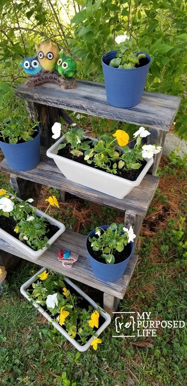 three-tiered-outdoor-plant-stand-with-pansies-MyRepurposedLife.com_ spring wood projects