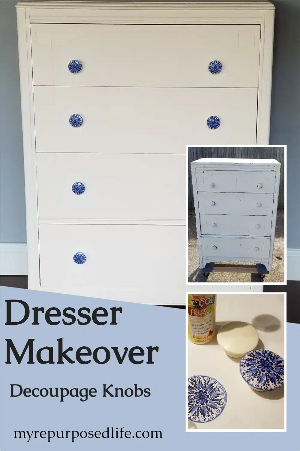 How to give an old dresser a new chippy look. This dresser makeover with decoupage wooden knobs will have you smiling when you finish it! #MyRepurposedLife #furniture #makeover #decoupage #knobs via @repurposedlife