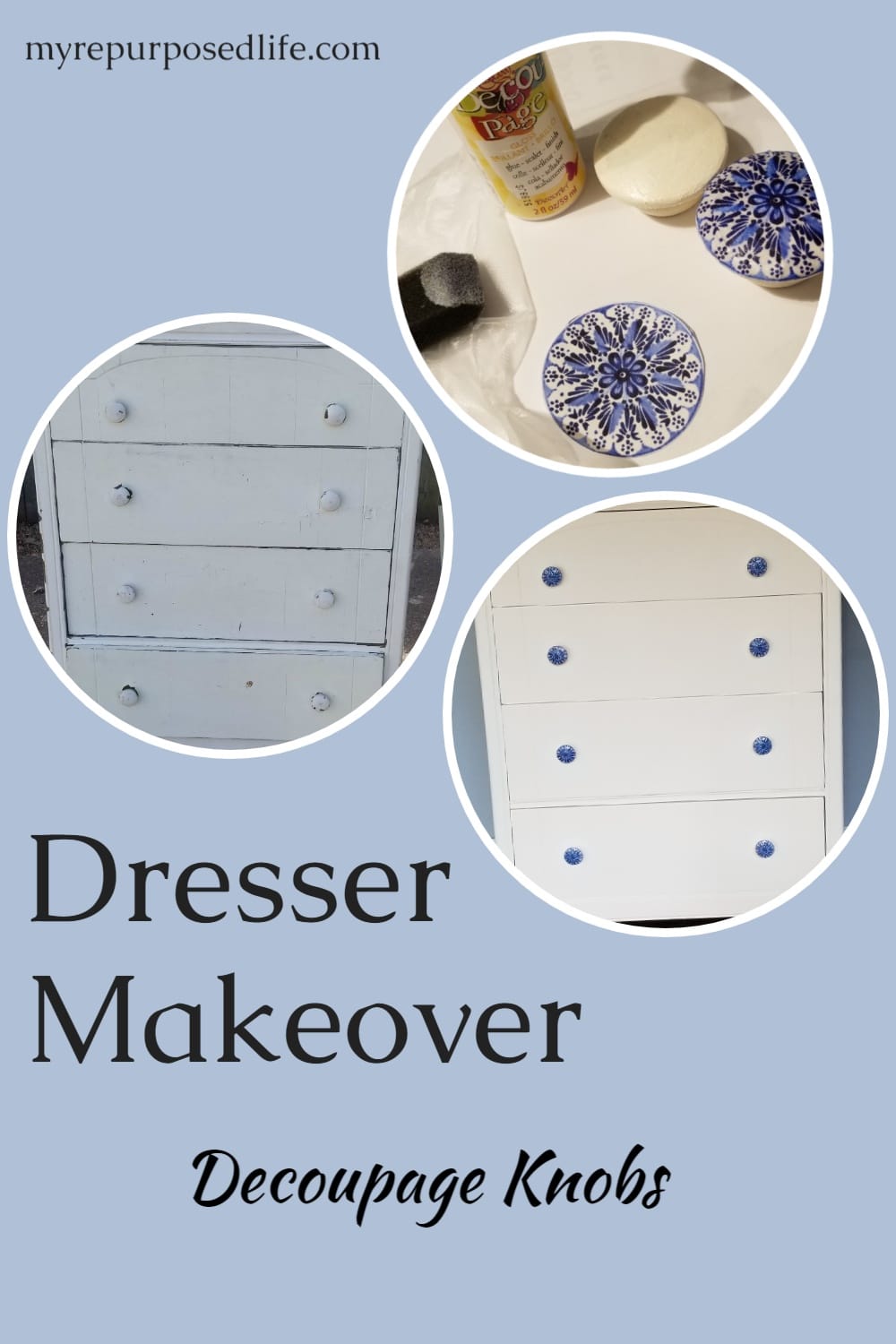 How to give an old dresser a new chippy look. This dresser makeover with decoupage wooden knobs will have you smiling when you finish it! #MyRepurposedLife #furniture #makeover #decoupage #knobs via @repurposedlife