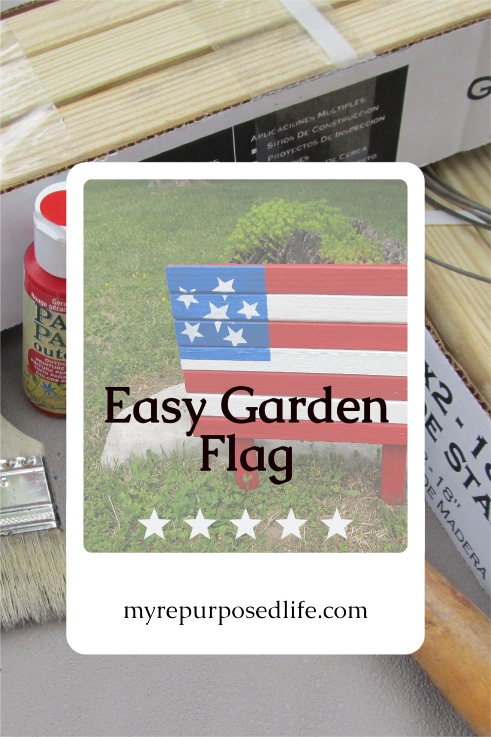 How to make an easy wooden Americana flag for your patio or flower garden. This flag is a quick and easy project using small garden stakes. Great afternoon project to make with the kids for a patriotic holiday celebration. #repurposed #MyRepurposedLife #4thofjuly #patriotic #flag #garden #decor via @repurposedlife