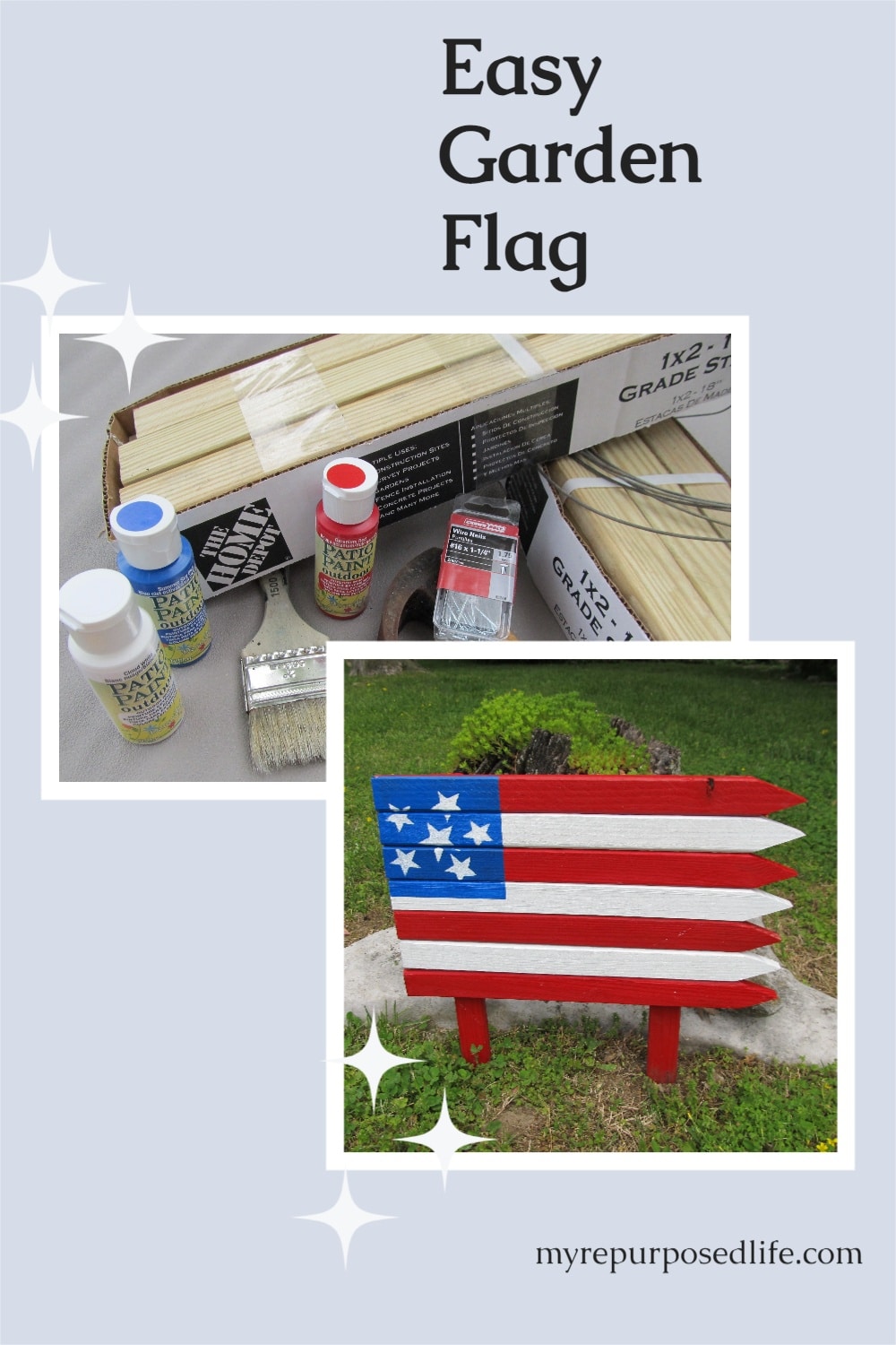 How to make an easy wooden Americana flag for your patio or flower garden. This flag is a quick and easy project using small garden stakes. Great afternoon project to make with the kids for a patriotic holiday celebration. #repurposed #MyRepurposedLife #4thofjuly #patriotic #flag #garden #decor via @repurposedlife