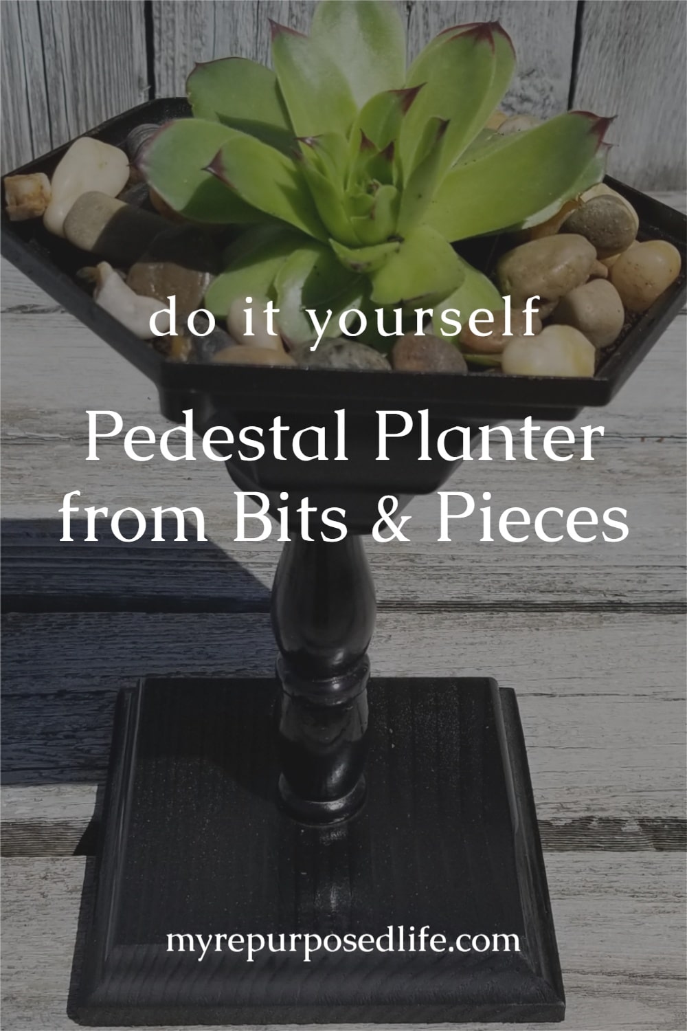 Make a small pedestal succulent planter out of an old porch or light fixture. #MyRepurposedLife #easy #repurposed #planter #succulent #thriftstoredecor via @repurposedlife