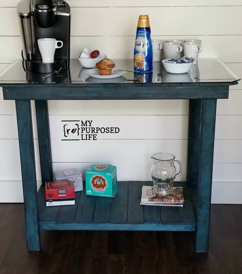 glass top pallet table coffee bar MyRepurposedLife.com