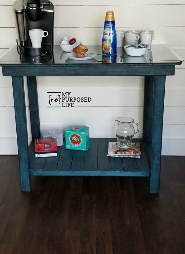 glass top pallet table coffee bar MyRepurposedLife.com