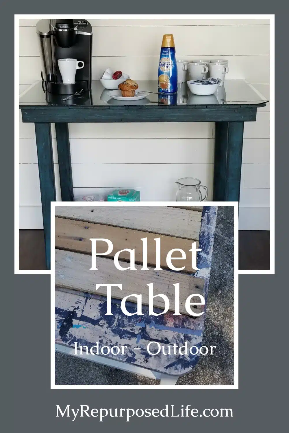 How to make a coffee bar pallet table. Tips for constructing a handy table/bar out of pallet wood. #MyRepurposedLife #repurposed #pallet #table #coffee #bar via @repurposedlife