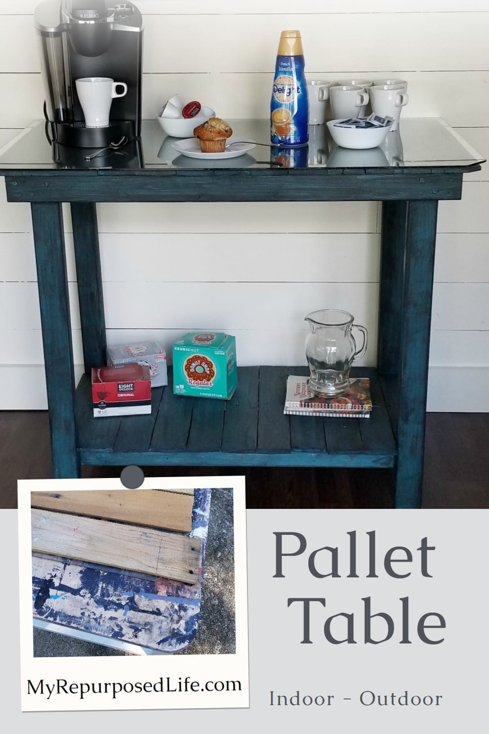 How to make a coffee bar pallet table. Tips for constructing a handy table/bar out of pallet wood. #MyRepurposedLife #repurposed #pallet #table #coffee #bar via @repurposedlife