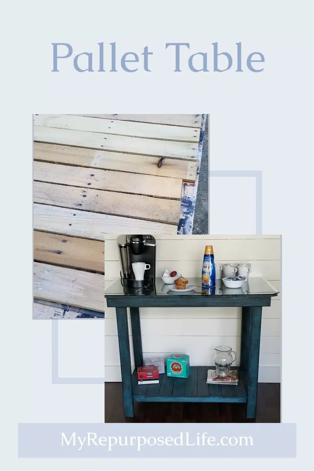 How to make a coffee bar pallet table. Tips for constructing a handy table/bar out of pallet wood. #MyRepurposedLife #repurposed #pallet #table #coffee #bar via @repurposedlife