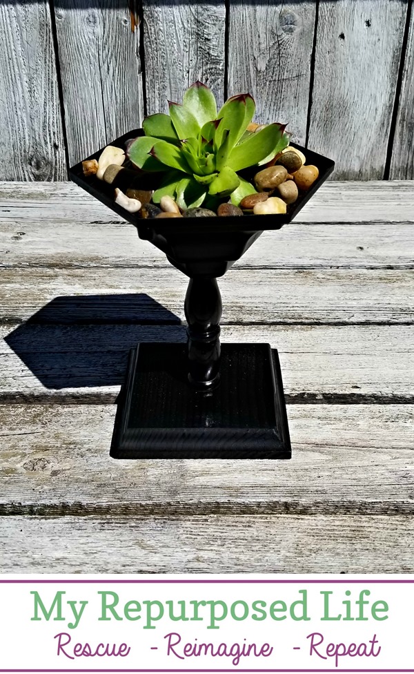 Make a small pedestal succulent planter out of an old porch or light fixture. #MyRepurposedLife #easy #repurposed #planter #succulent #thriftstoredecor via @repurposedlife
